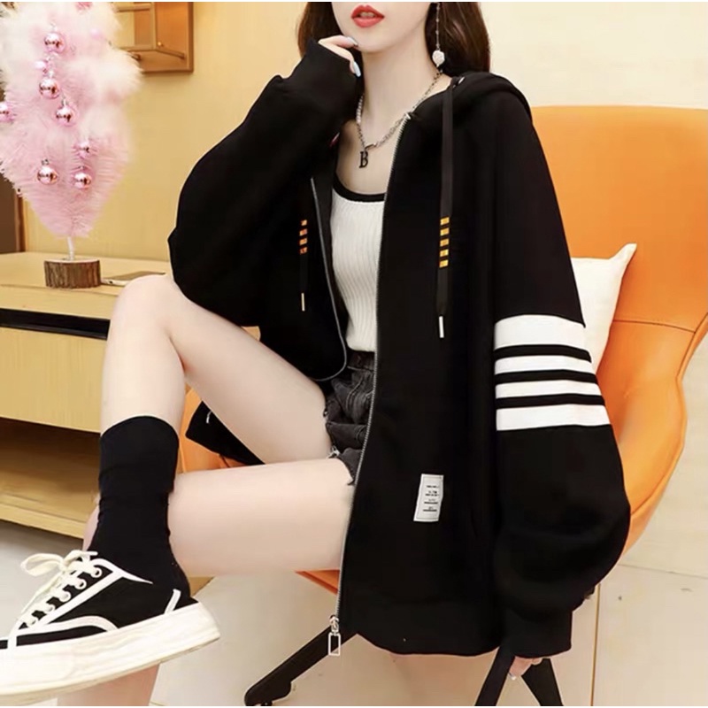 (SALE SẬP SÀN) Áo hoodie khóa kéo 3 sọc tay