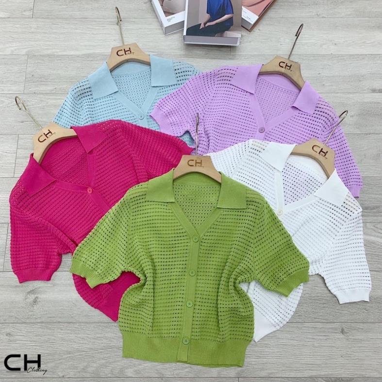 áo len lỗ cổ bẻ đính cúc 4 màu cho nữ