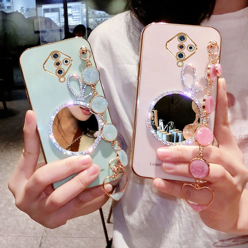 Ốp Điện Thoại Họa Tiết Thỏ Gắn Kèm Gương Trang Điểm Và Dây Đeo Tay Cho Vivo S1 Pro