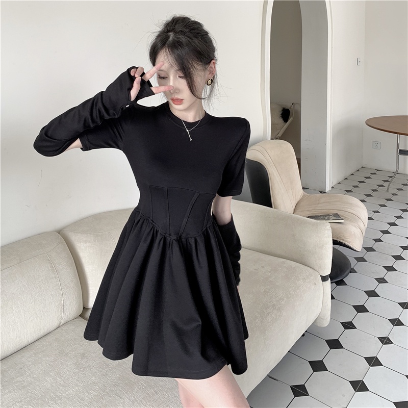 Đầm Chữ A Tay Dài Cổ Tròn Ôm Eo Co Giãn Phong Cách Mùa Thu Pháp Mới Cho Nữ