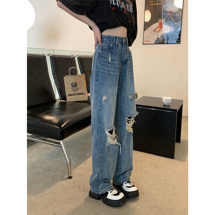 ♦♨Quần Jeans Lưng Cao Ống Rộng Phong Cách Retro Đường Phố 2022 Cho Nữ