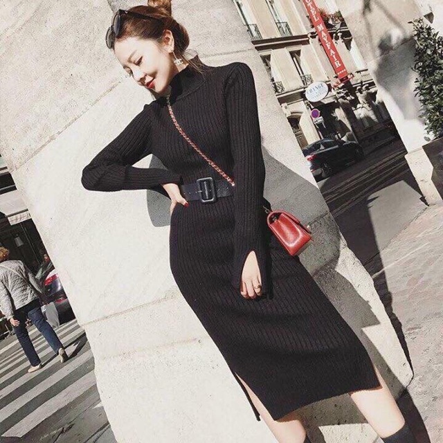 Đầm cổ lo tay dài vải gân Hàn Quốc bao đẹp