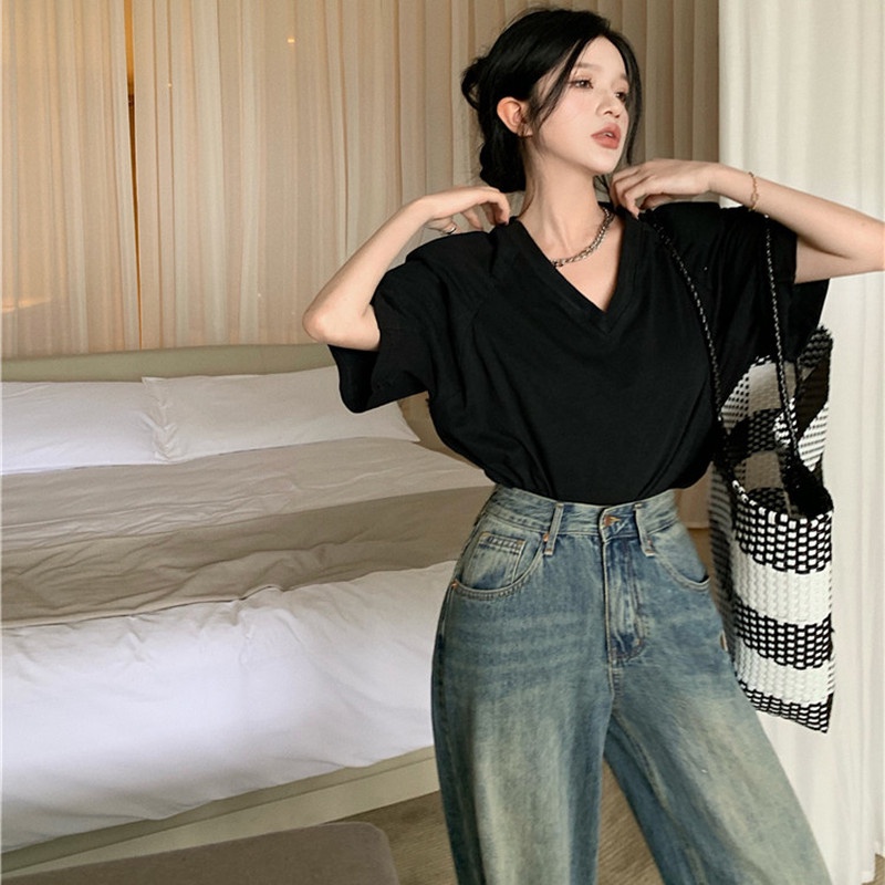 Áo Kiểu Tay Ngắn Cổ Chữ V Form Rộng Kiểu Dáng Đơn Giản