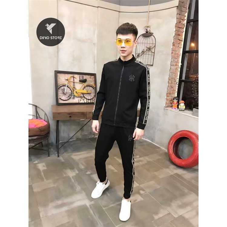 Bộ Thu Đông Nam Nữ Thêu Chữ, Quần Áo Thu Đông Nam Nữ Đen Dài Tay Có Cổ Cao Cấp Hàn Quốc - Dino store