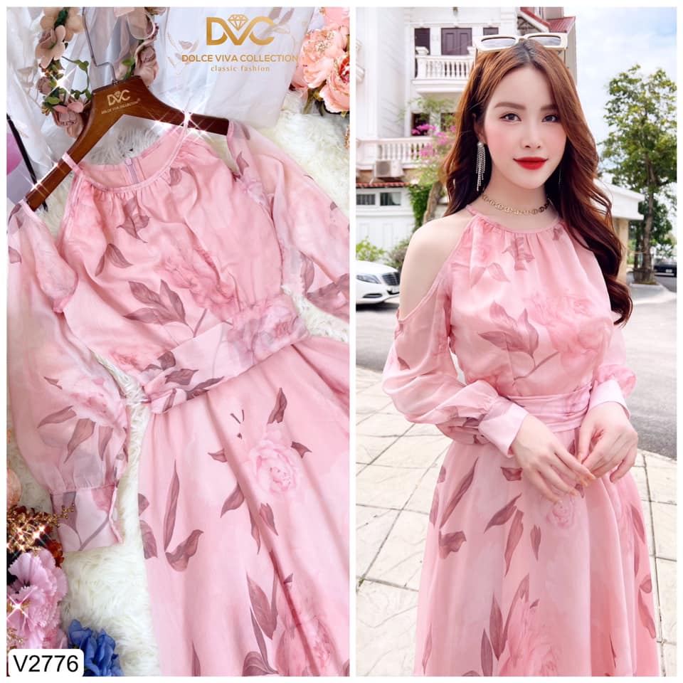 Váy voan hồng dáng xòe khoét tay cổ yếm siêu xinh V2776