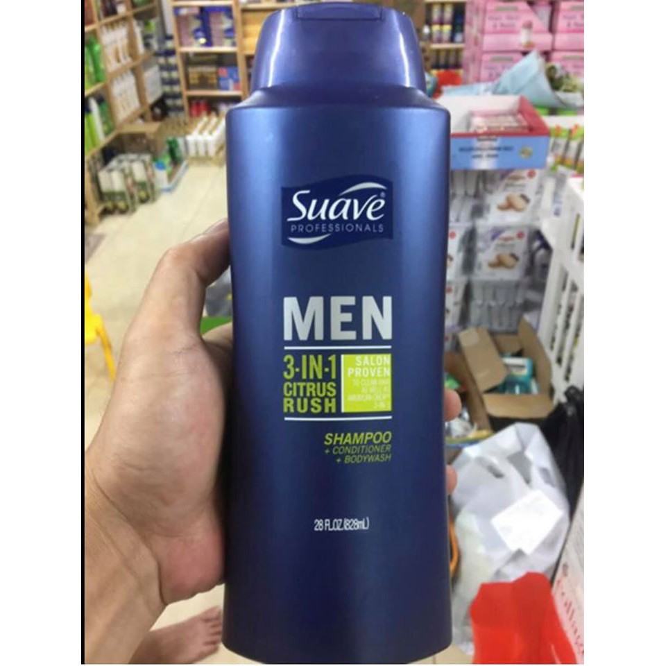 DẦU GỘI -SỮA TẮM- DẦU XÃ SUAVE CHO NAM -SUAVE 3 IN 1 PROFESSIONALS MEN 828ML