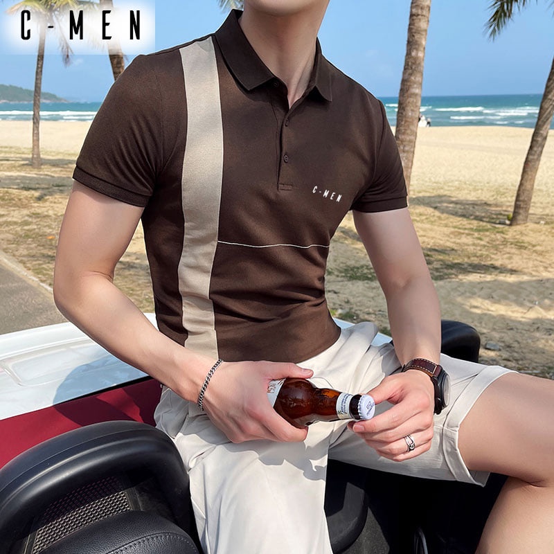 Áo Polo phông nam cổ bẻ ngắn tay phối kẻ dọc thân áo C Men AN16 cotton cao cấp