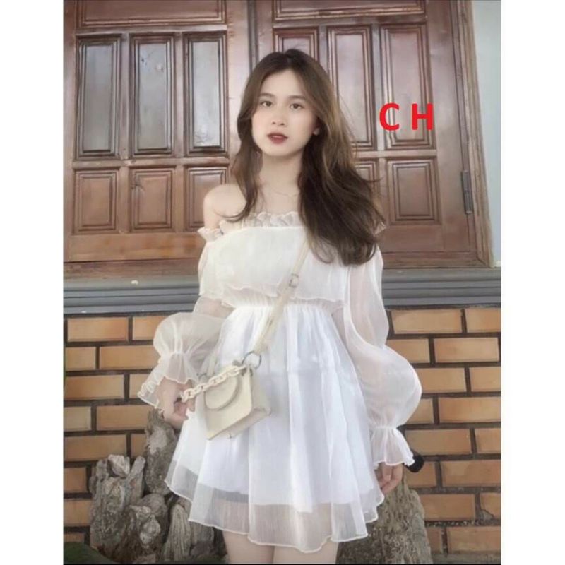 [Quà tặng viên kẹo]Váy Trễ Vai Bánh Bèo🎀 Đầm Dự Tiệc rớt Vai Màu Trắng🎀Lệch vai dài tay tiểu thư 2 lớp vintage dáng ngắn | BigBuy360 - bigbuy360.vn