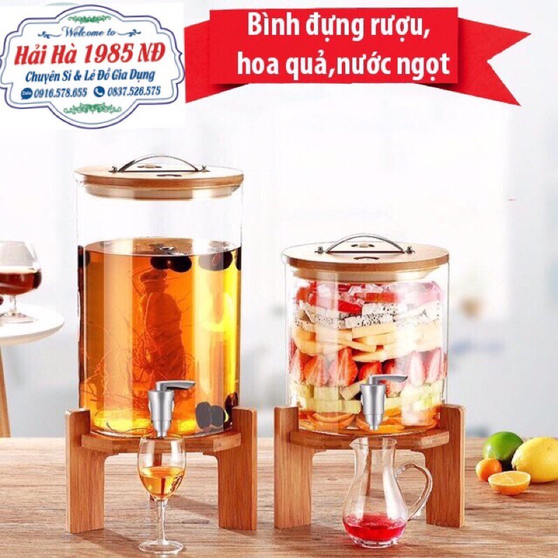 Bình đựng nước,đựng rượu,hoa quả,detox thuỷ tinh có vòi rót kèm chân ghỗ như hình 5l,8l,11l cao cấp,sang trọng