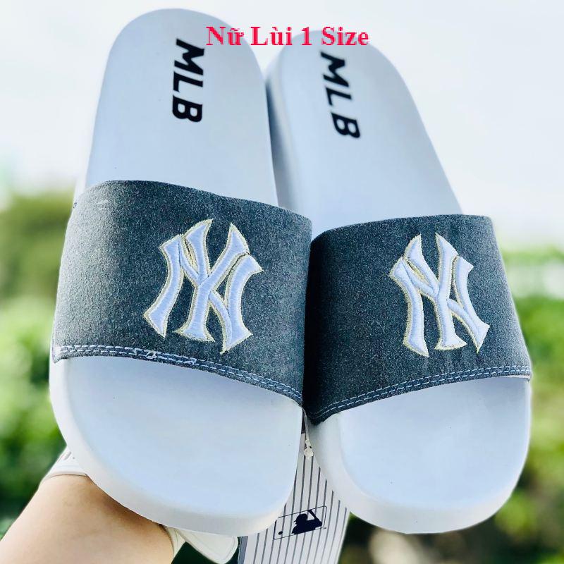 Dép unisex 𝐌𝐋𝐁 ❤️FREESHIP + Hộp❤️ dép mlb bóng chày quai ngang thể thao nữ in NY da lộn, đế ip bền, trắng-xám