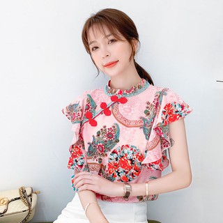Áo kiểu chiffon họa tiết hoa phong cách Trung Hoa thời trang cho nữ