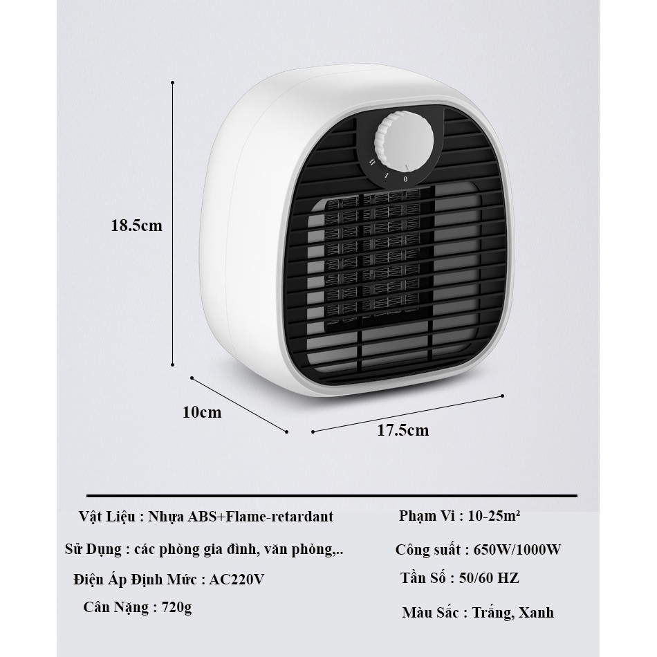 Máy Sưởi, Quạt Sưởi Gốm Mini Công Suất Lớn 1000W Cho Phòng Ngủ, Phòng Làm Việc, Không Mùi, Không Ồn Với 3 Chế Độ Sưởi