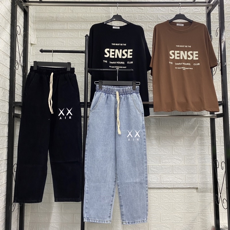 Quần jean baggy ống rộng cạp chun Unisex nam nữ hoạ tiết X.X