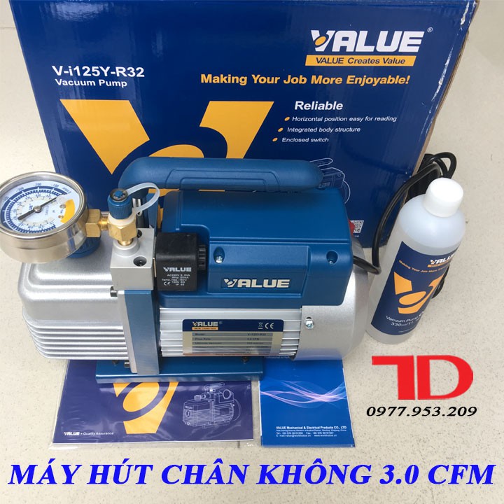 MÁY HÚT CHÂN KHÔNG VALUE 3.0CFM V-I125Y KÈM ĐỒNG HỒ BÁO ÁP VÀ RỜ LE TỰ NGẮT