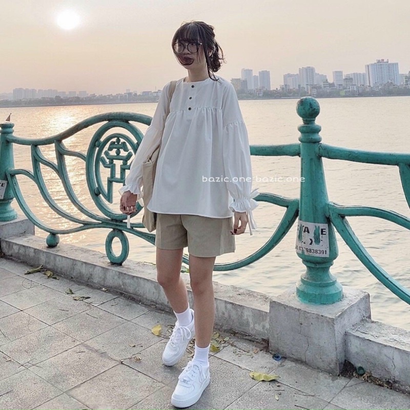 [Ảnh thật/video] Set áo sơmi babydoll bánh bèo và quần sooc nâu dày dặn/ Áo sơ mi nơ tay