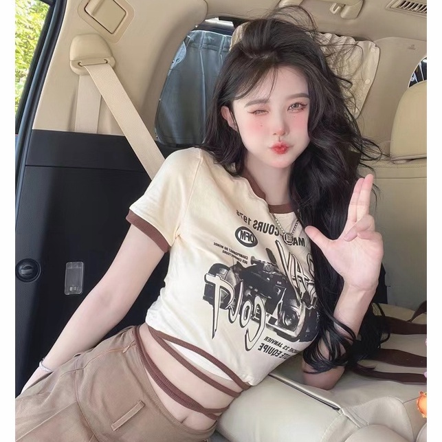 Áo croptop Có Cổ Nữ phong cách retro in sửa thân ngắn tay áo thun thắt lưng