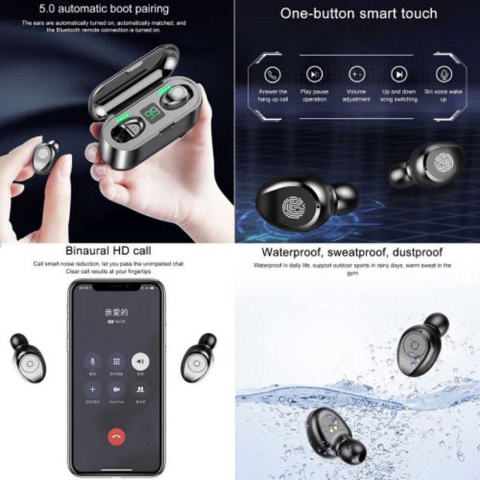 Tai nghe bluetooth AMOI F9 TWS 5.0 bản Quốc tế không dây cảm ứng chống nước IPX5, chống ồn tích hợp sạc dự phòng 2500mAh