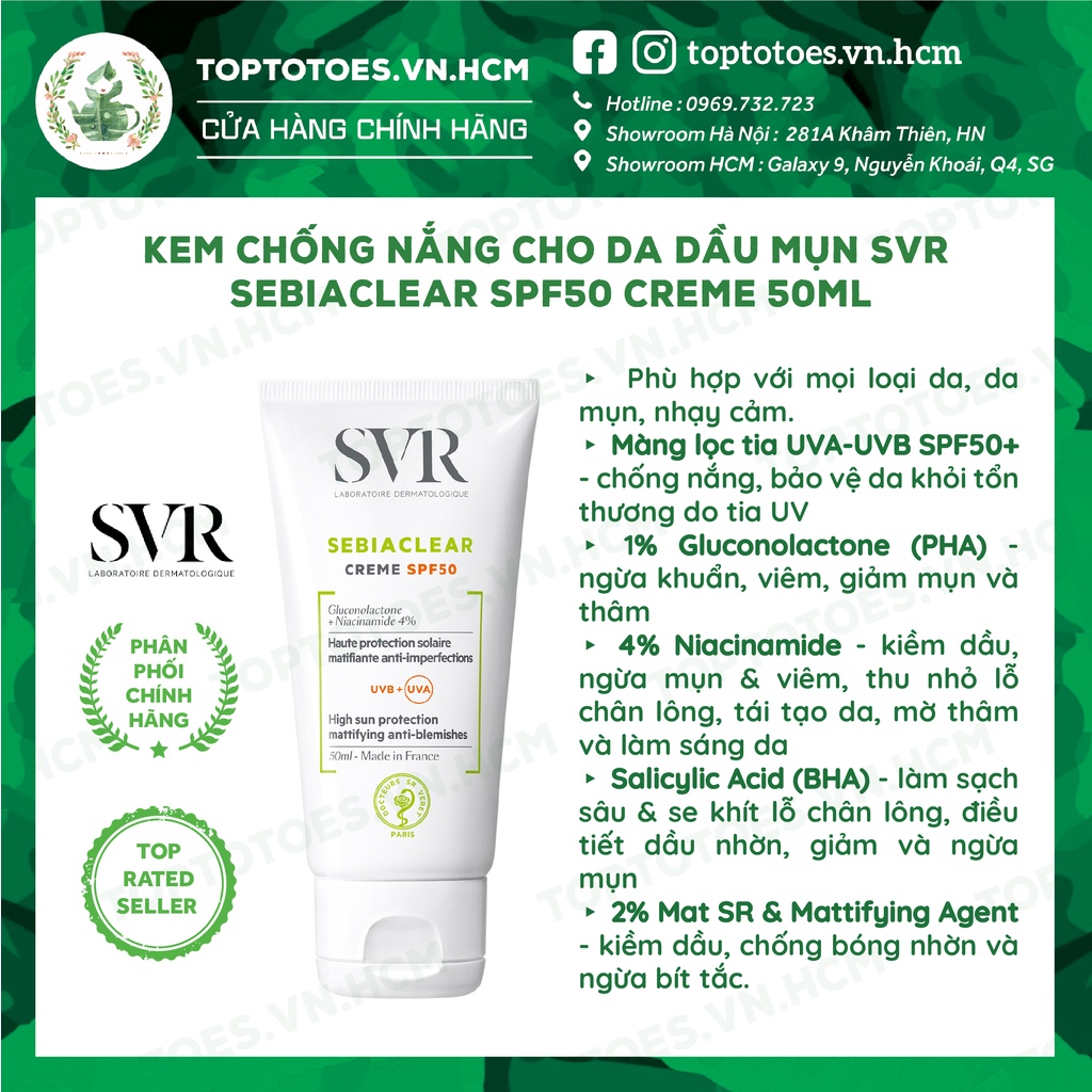 Kem chống nắng cho da dầu mụn SVR Sebiaclear SPF50 Creme 50ml  [NHẬP KHẨU CHÍNH HÃNG 100%]