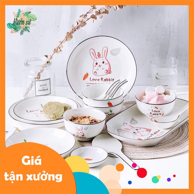 Đĩa sứ, bát sứ, thìa sứ, tô sứ hình LOVE RABBIT chú thỏ tinh nghịch ( bán lẻ) - VS379