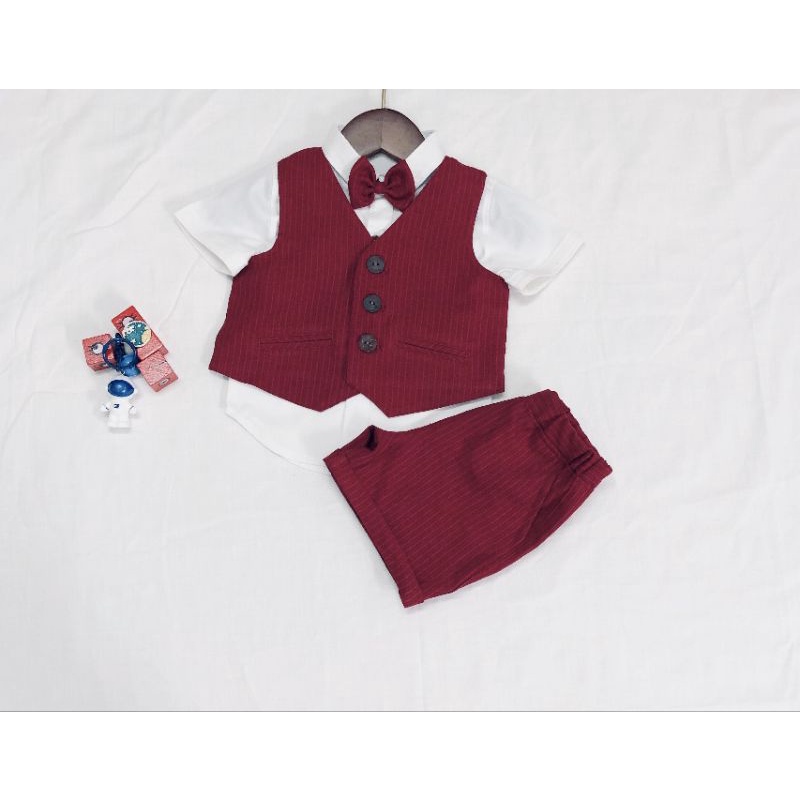 Bộ yếm vest gile công tử đầy tháng thôi nôi vải sọc mềm bé trai 5-14kg