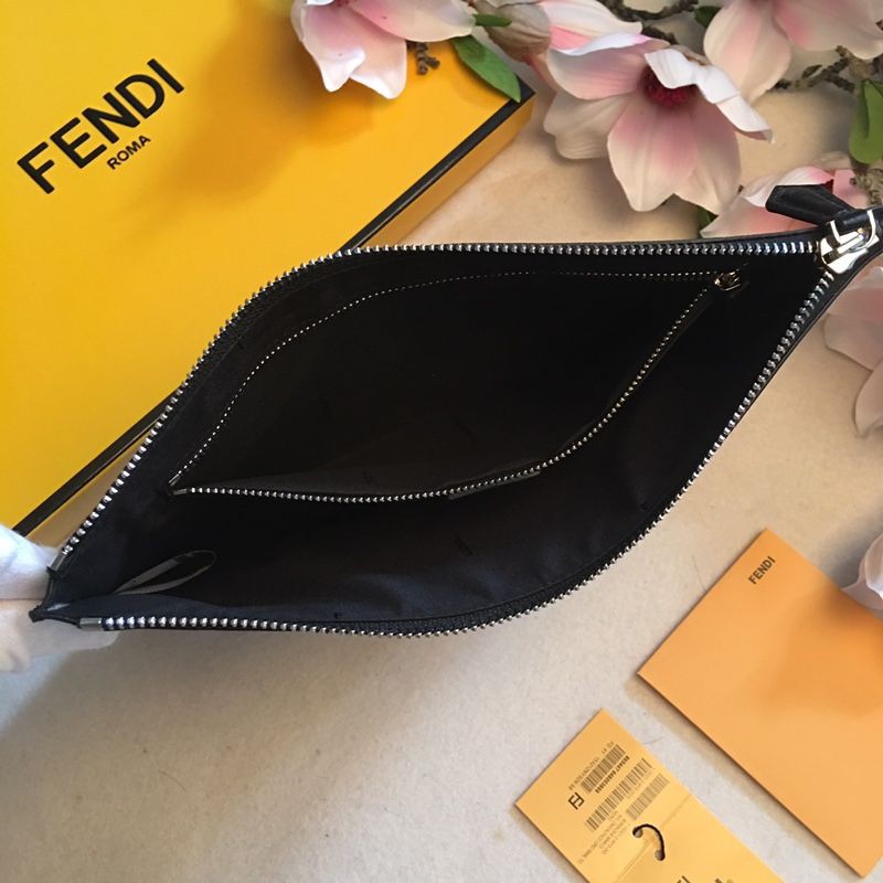 clutch cầm tay nam nữ da thật dáng dài kéo khóa họa tiết hình đôi mắt màu xám Fendi FD