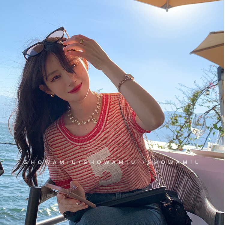 SUXI Áo Thun Ngắn Tay Cổ Tròn Dáng Rộng Họa Tiết Kẻ Sọc Đơn Giản Thời Trang Mùa Hè Cho Nữ