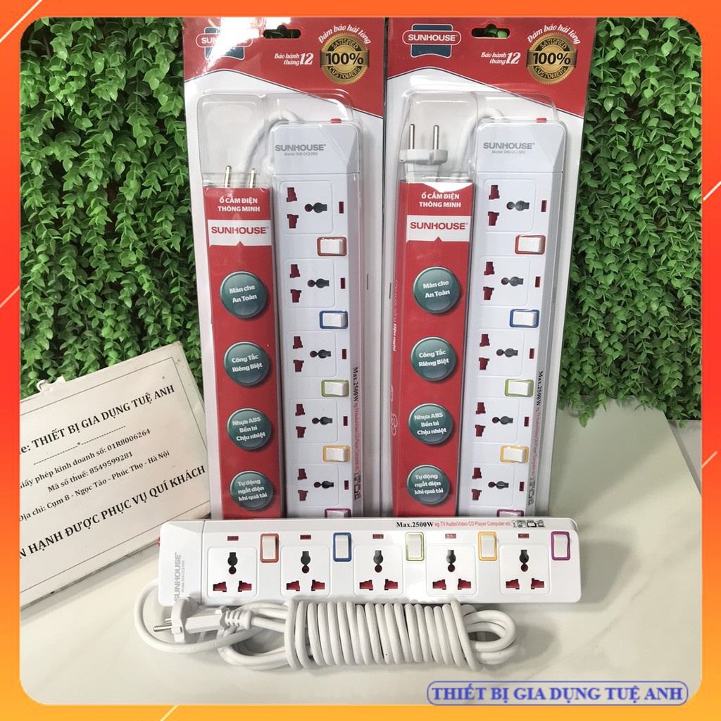 ✆۩Ổ cắm điện đa năng Sunhouse SHE-OC2-5RD - 5 lỗ Dây dài 4,5m, có công tắc bật tắt riêng cho từng vị trí