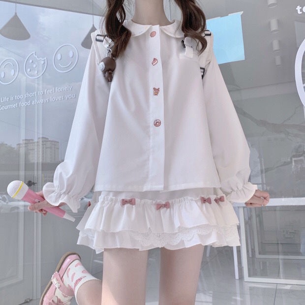 Set áo sơ mi trắng tay dài dáng rộng phối chân váy ren dễ thương phong cách Nhật Bản thời trang mùa thu cho học sinh