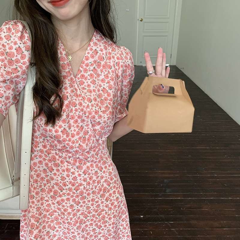 Đầm Hoa Hồng Nhấn Eo Phong Cách Pháp Thời Trang Mùa Hè Cho Nữ