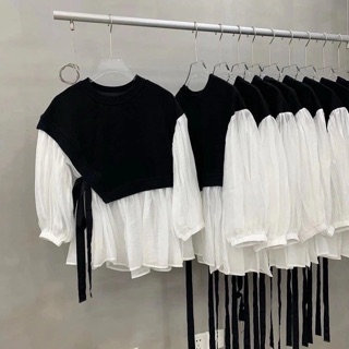 Áo babydoll pha đen trắng tiểu thư buộc dây