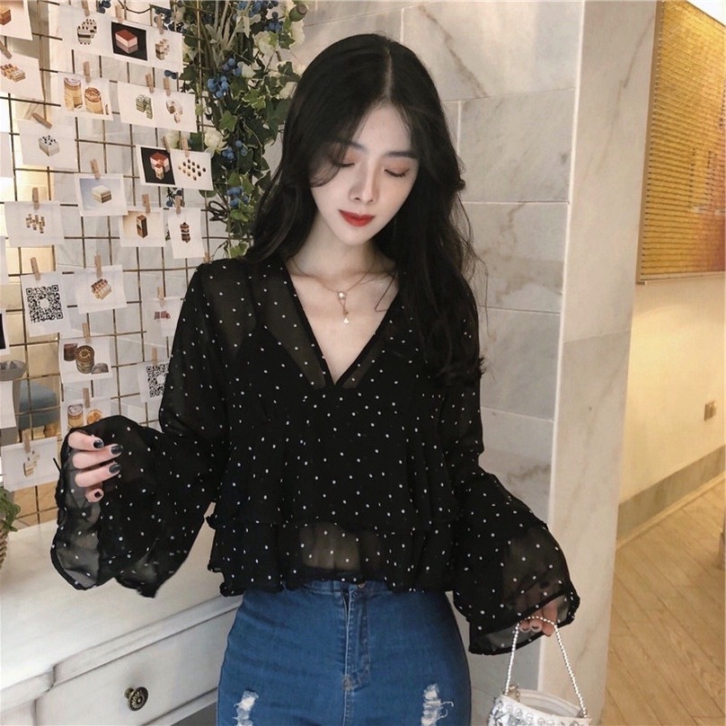 Áo GENAISHA chiffon tay loe cổ chữ V họa tiết chấm bi phong cách Hàn Quốc dành cho nữ