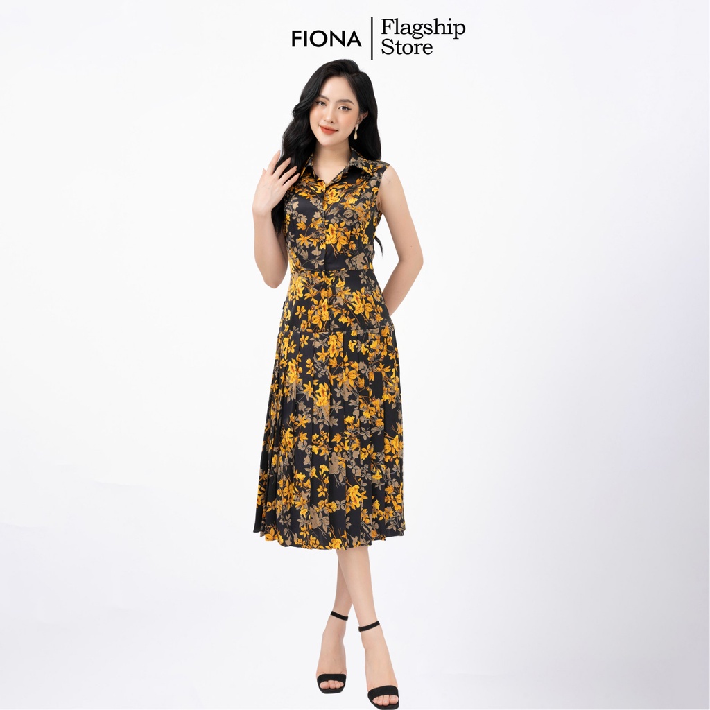Đầm thiết kế cao cấp FIONA váy công sở nữ xếp ly họa tiết hoa nhí cổ đức nẹp đính cúc tay sát nách F452005