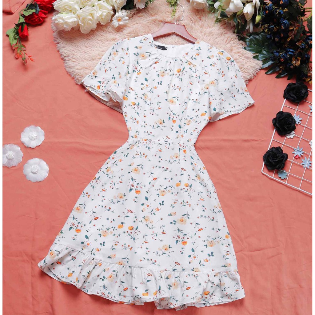 Đầm hoa nhí trắng xinh dáng xòe thiết kế vintage tay ngắn che bụng mỡ tôn dáng sáng da mềm mát may 2 lớp