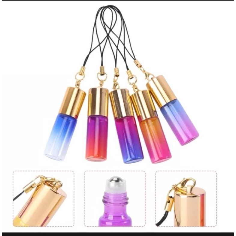 Lẻ 5 Vỏ Chai thủy tinh 5ml bi lăn thép Nắp có dây treo móc khóa ôtô chiết nước hoa tinh dầu thơm dễ thương lắm luôn