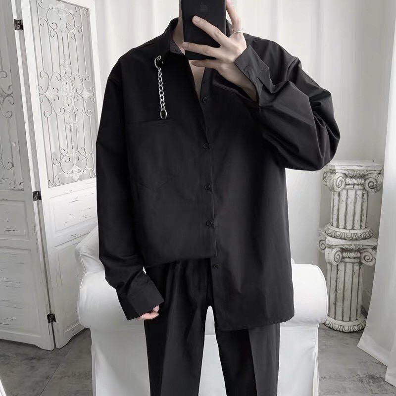 Áo sơ mi form rộng unisex phối khoen cổ độc lạ - Sơ mi nam tay dài ulzzang Hàn Quốc
