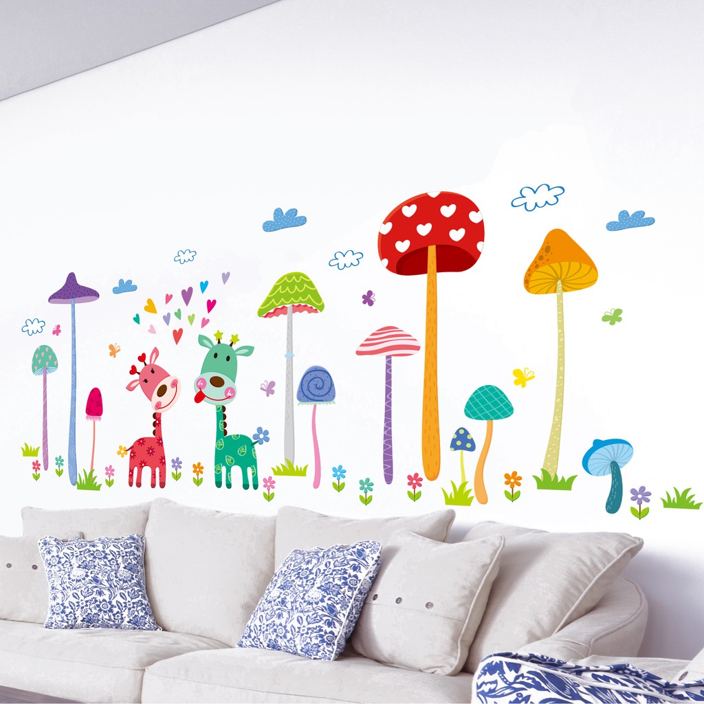 Decal dán tường - Giấy dán tường - Chân tường nấm và nai hồng xanh - decal chân tường - kiddecals - DLX1455