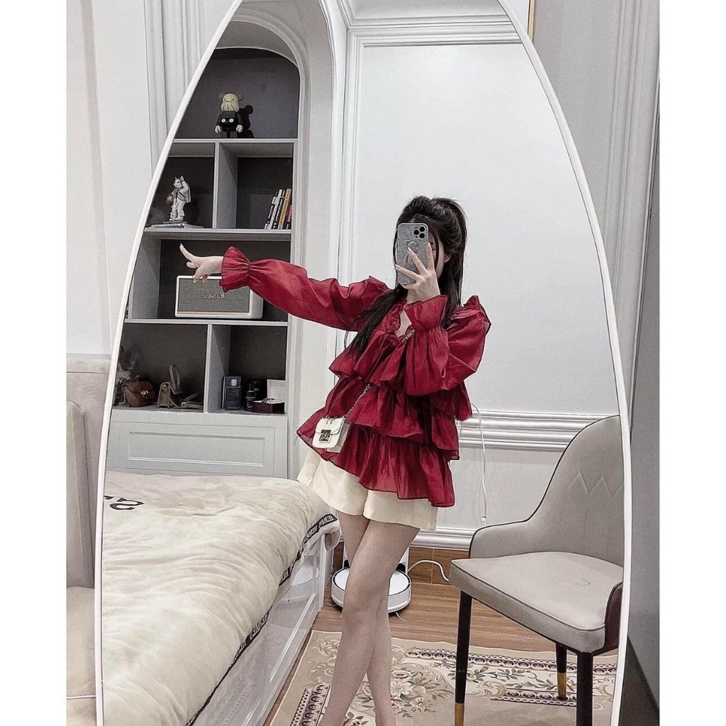 Set đồ nữ áo dỏ tầng cổ bèo + quần short kem siêu xinh cho các nàng, siêu hack chân cho các cô nàng nấm lùn