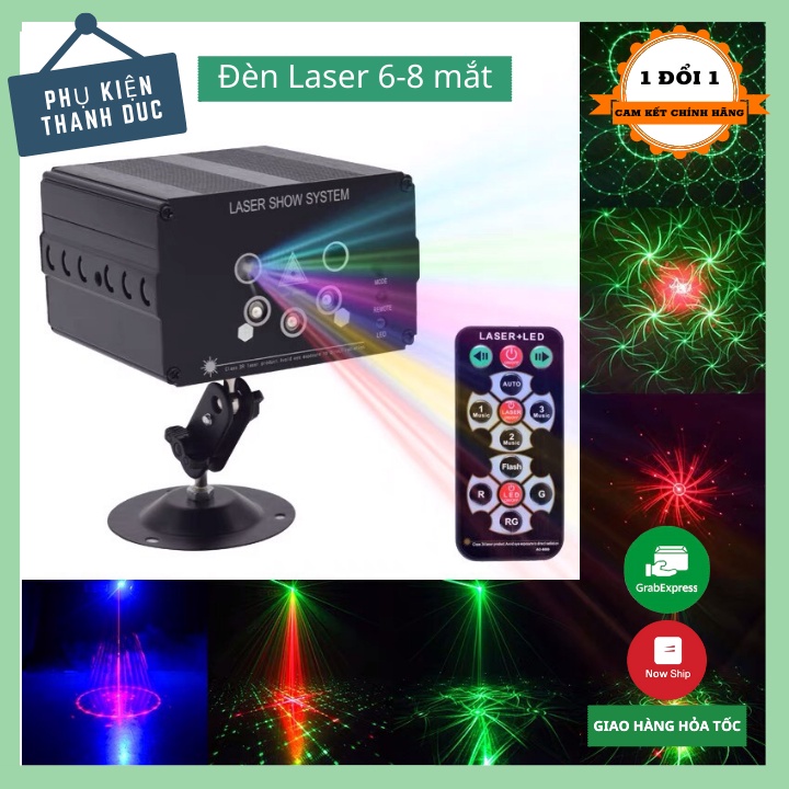 Đèn nháy theo nhạc 6-8 mắt laser chiếu 64 hình, đèn phòng bay chiếu ánh sáng laser có điều khiển từ xa