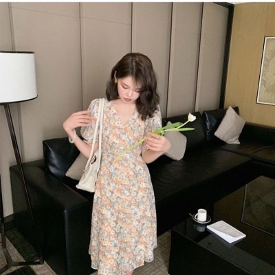 Đầm Voan Hoa Cổ Chữ V Phong Cách Hàn Quốc Thời Trang Mùa Hè 2022 FT7031