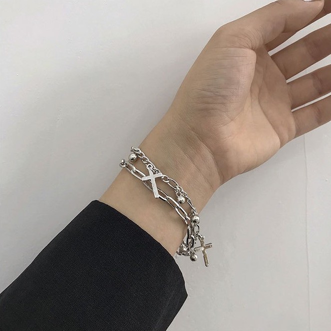 Vòng Tay Lắc Tay Nam Nữ 2 Lớp Dây Chữ Thập Thép Titan Không Gỉ B12