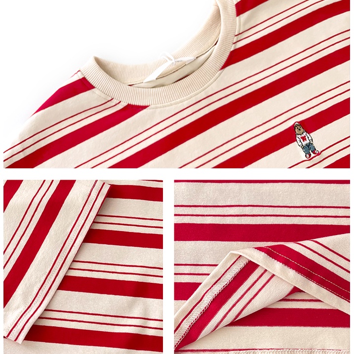 Áo Thun Tay Ngắn Cổ Tròn Kẻ Sọc Màu Sắc Tương Phản Thêu Hình Gấu 49853