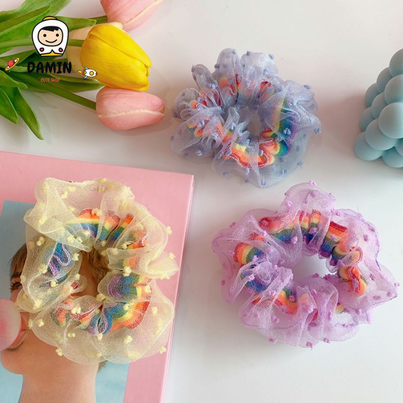 Buộc Tóc Cột Tóc Scrunchies Cầu Vòng 2 Lớp Siêu Dễ Thương