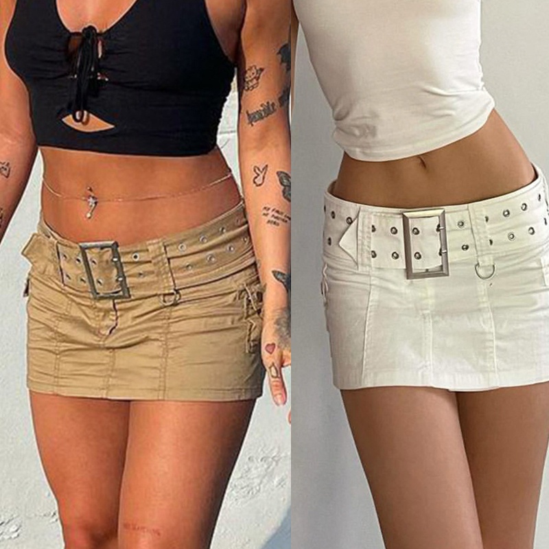 Chân Váy Jeans Chữ A Mini Lưng Thấp Màu Sắc Trơn Phong Cách Harajuku Goth 90s Cho Nữ