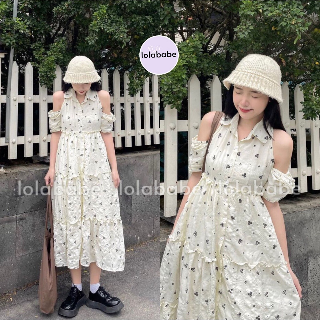 Đầm hở vai dáng xòe babydoll, váy hoa nhí dáng dài tiểu thư v165 LOLABABE