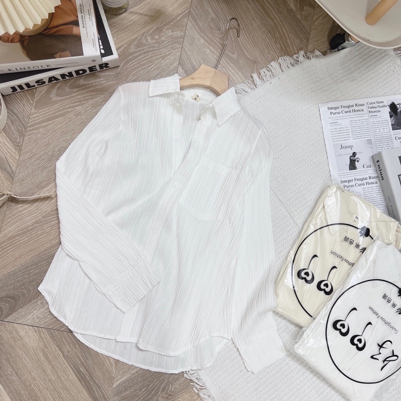 Sơ mi trơn đũi thụng phom rộng trơn oversize 2 nắp túi dài tay, sơ mi trắng nữ xinh xắn YoYo