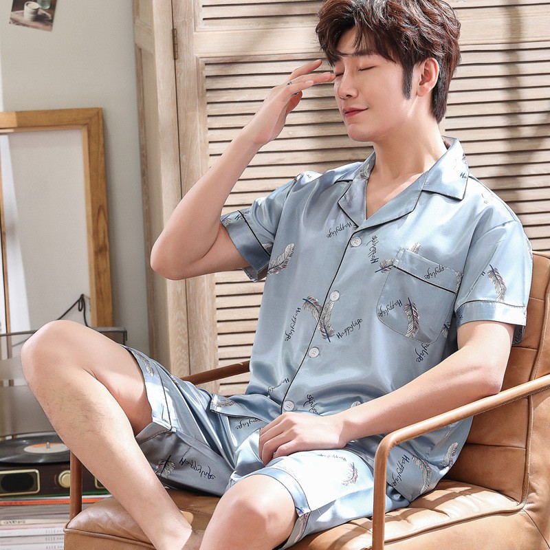 Thoshine Bộ Đồ Ngủ Nam Lụa Satin Mùa Hè Thương Hiệu Áo Thun & Quần Đùi Quần Áo Ngủ Nam In Họa Tiết Đóng Nút Quần Áo Ngủ | BigBuy360 - bigbuy360.vn