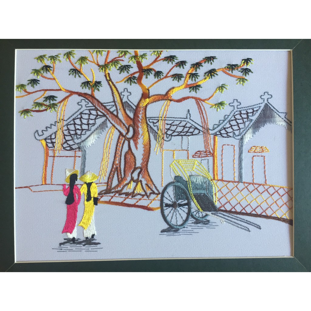 Tranh thêu tay đã hoàn thiện- Phố cổ xích lô 20x25cm- PC002