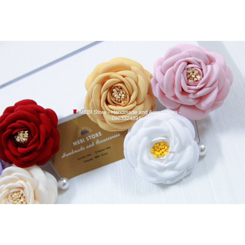 Hoa cài áo handmade MEBI Store mẫu hoa cánh tròn nhụy tim chùm 7 màu hoa nobox