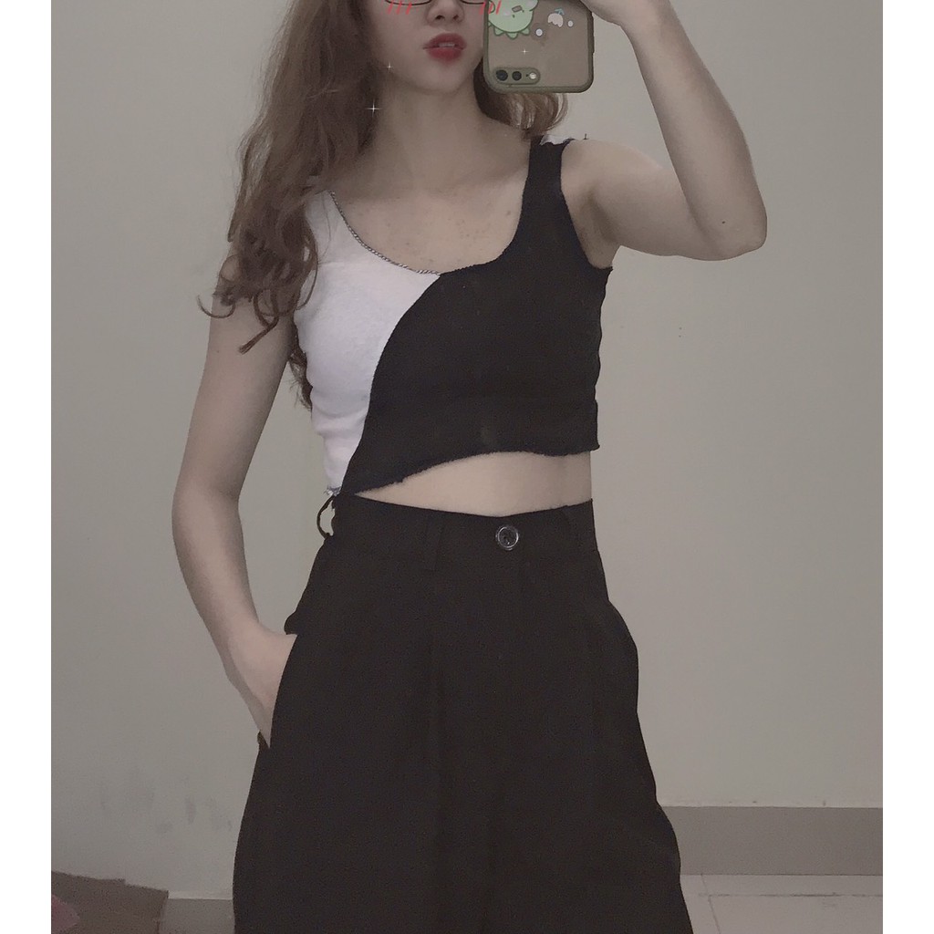 set áo croptop 2 dây bản to phối áo dài tay khoét ngực 2 màu đen/trắng hot trend ( video/ảnh thật) Xưởng Sỉ Nguyễn Hoa
