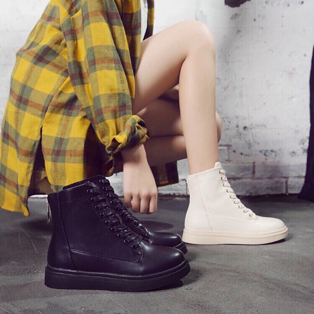 (Ảnh thật) CÓ SẴN Bốt da cao cổ buộc dây khoá sau hàng Quảng Châu